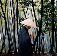Buddhist monk in bamboo forest, Kyoto, Japan. Detail of limited edition print by Kerry Editions